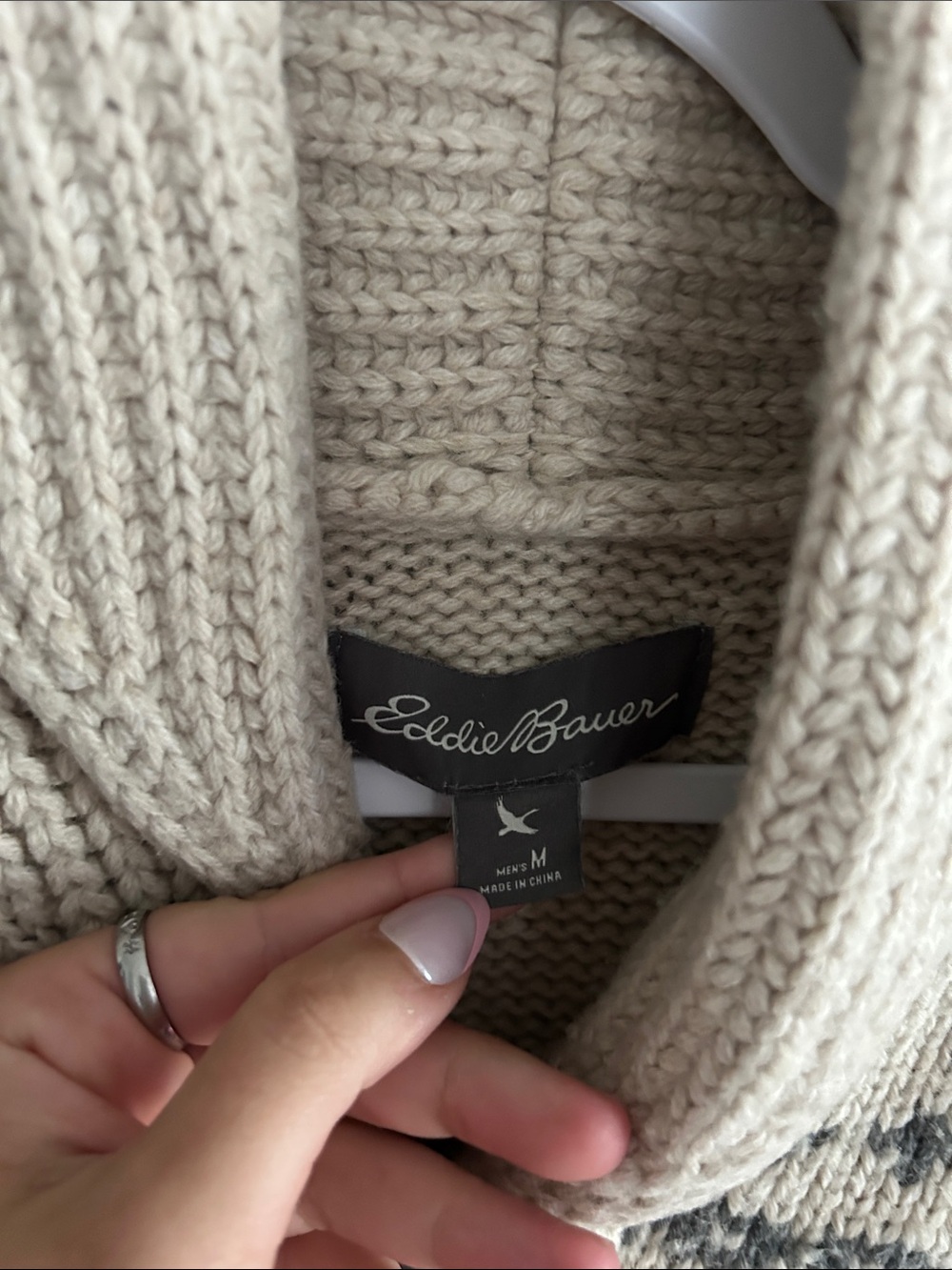 Eddie Bauer Beige Shawl Collar Fair Isle Cardigan with Dark Pattern - Picture 2 of 3